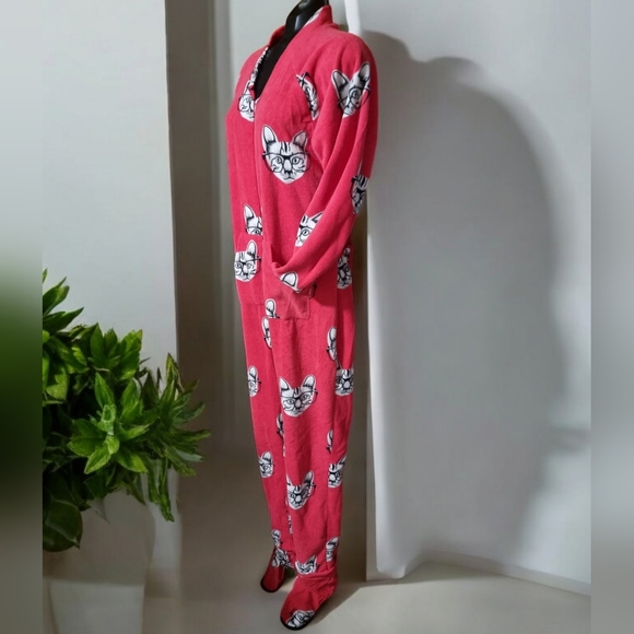 Kozies Fuschia Pink Ladues Footed Cat Fleece Onsie - Picture 2 of 13